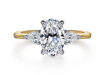 Elegant Oval Three Stone Diamond Engagement Ring in 14K White and Yellow Gold