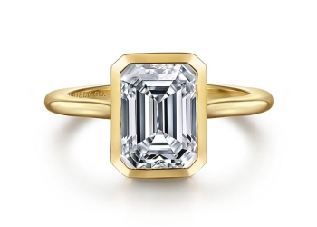 14K Yellow Gold Emerald Cut Bezel Set Solitaire Diamond Engagement Ring