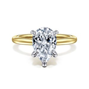 14K White-Yellow Gold Hidden Halo Pear Shape Solitaire Diamond Engagement Ring