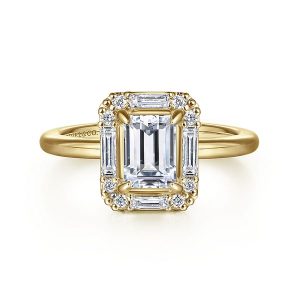 14K Yellow Gold Mosaic Halo Emerald Cut Diamond Engagement Ring