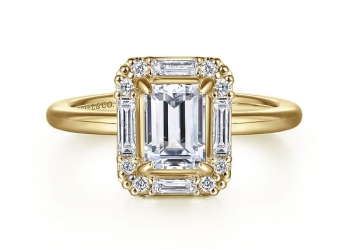 14K Yellow Gold Mosaic Halo Emerald Cut Diamond Engagement Ring