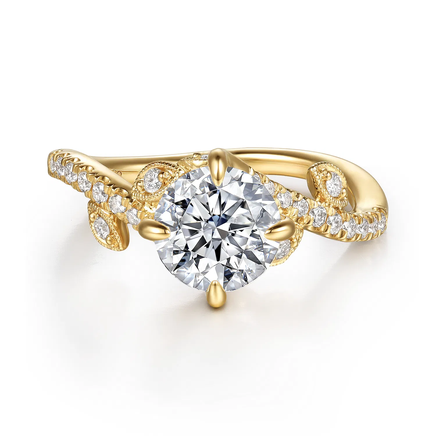 Leafy Yellow Gold Round Diamond Engagement Ring