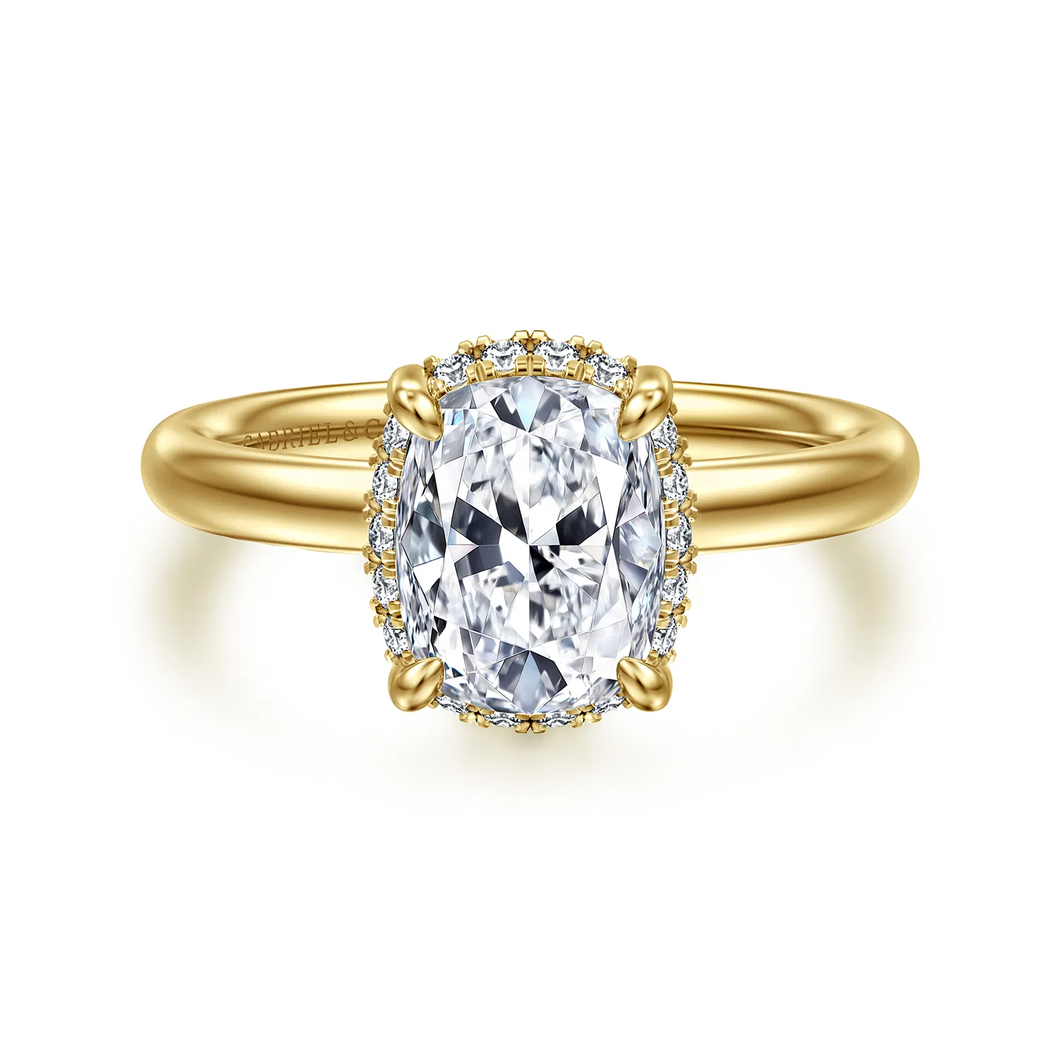 Yellow Gold Elongated Cushion Hidden Halo Diamond Engagement Ring
